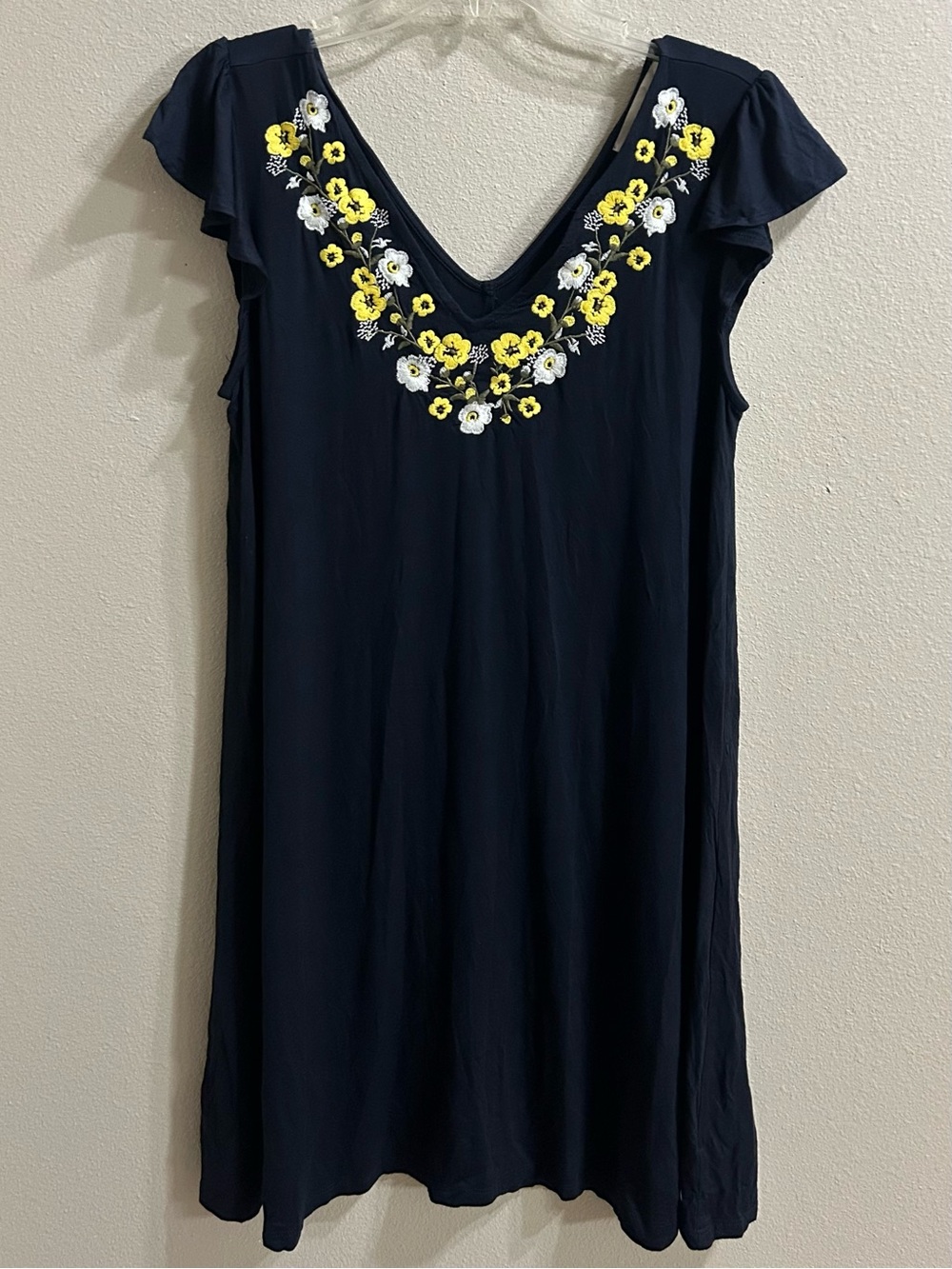 Loft Sundress Size M Embroidered Super Soft Jersey Knit Blue Casual Feminine